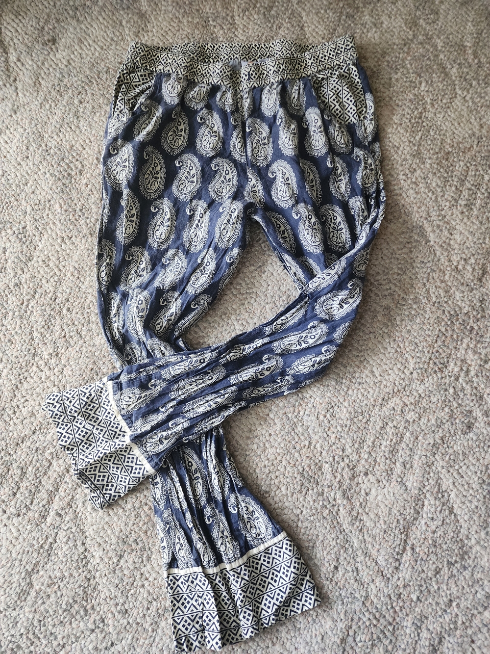 Devi Designs 100% Cotton Boho Paisley Print Flare Pants - Blue & Cream